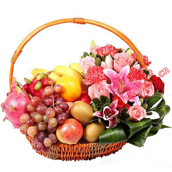 美丽的祝福-香蕉，葡萄，橙子，苹果，火龙果，猕猴桃 等时令水果。粉色香水百合，玫瑰，百合，绿叶搭配 藤编篮盛放，高档神盒盛放（以实物为准）