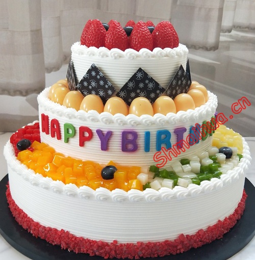快乐无敌-三层（6寸+8寸+10寸）鲜奶蛋糕，水果装饰